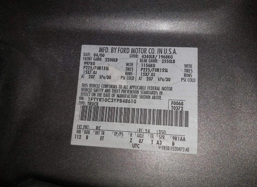 Photo 9 of 2000 Ford Ranger XL/XLT (VIN 1FTYR10C3YPB48610)