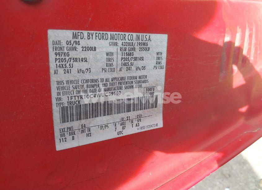 Photo 9 of 1998 Ford Ranger SPLASH/XL/XLT (VIN 1FTYR10C4WUC39660)