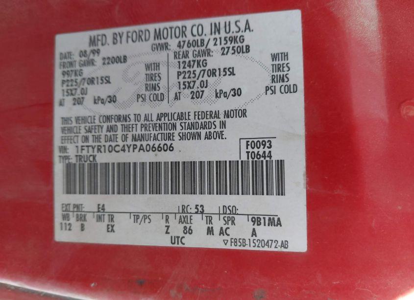 Photo 9 of 2000 Ford Ranger XL/XLT (VIN 1FTYR10C4YPA06606)