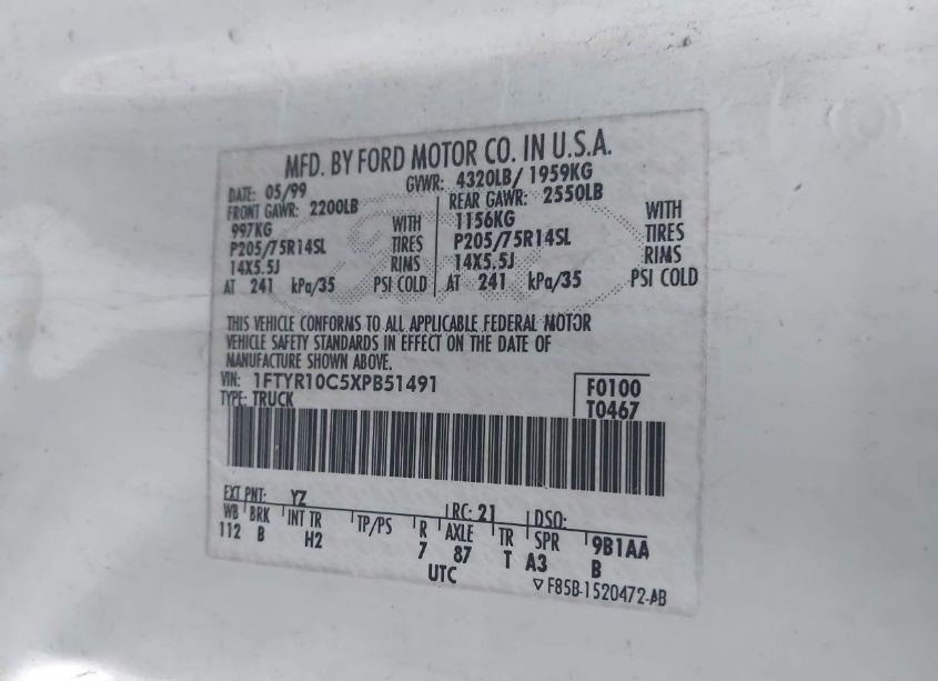 Photo 9 of 1999 Ford Ranger XL/XLT (VIN 1FTYR10C5XPB51491)