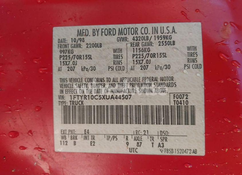 Photo 9 of 1999 Ford Ranger XL/XLT (VIN 1FTYR10C5XUA44507)