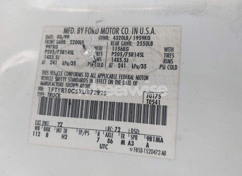 Photo 9 of 1999 Ford Ranger XL/XLT (VIN 1FTYR10C5XUB72925)