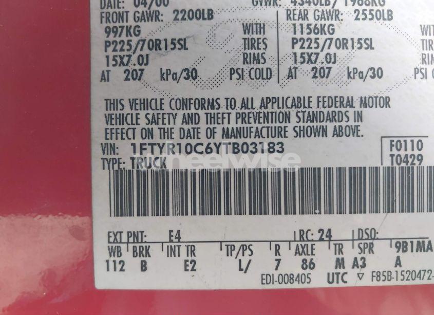 Photo 9 of 2000 Ford Ranger XL/XLT (VIN 1FTYR10C6YTB03183)