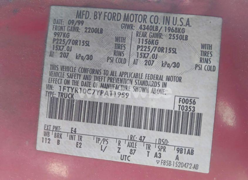 Photo 9 of 2000 Ford Ranger XL/XLT (VIN 1FTYR10C7YPA11959)