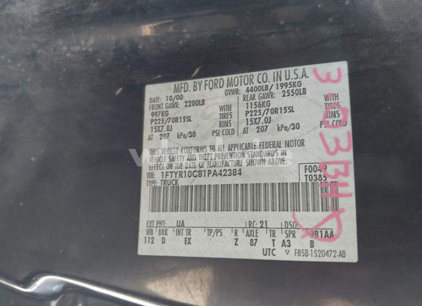 Photo 9 of 2001 Ford Ranger XL/XLT (VIN 1FTYR10C81PA42384)