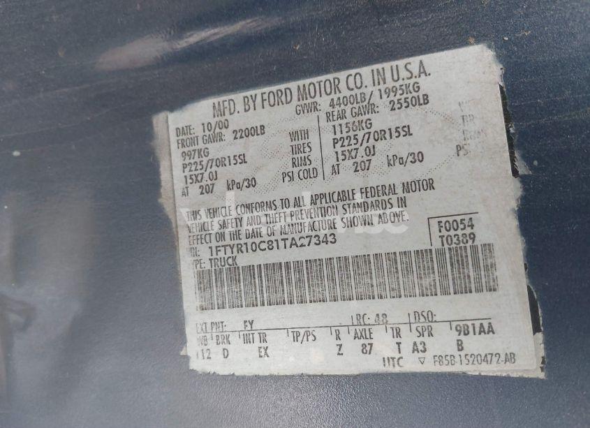 Photo 9 of 2001 Ford Ranger XL/XLT (VIN 1FTYR10C81TA27343)