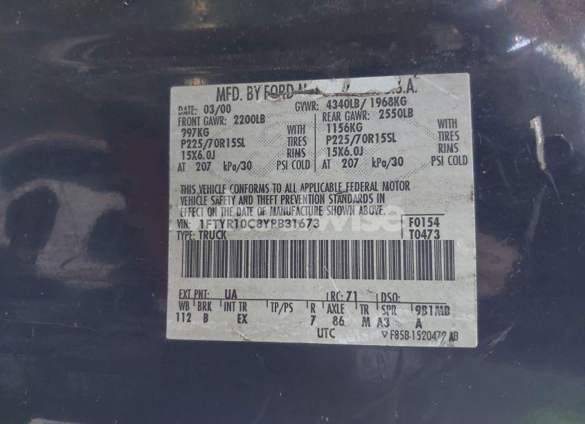 Photo 9 of 2000 Ford Ranger XL/XLT (VIN 1FTYR10C8YPB31673)