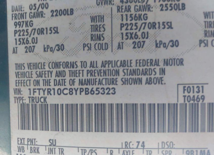 Photo 9 of 2000 Ford Ranger XL/XLT (VIN 1FTYR10C8YPB65323)