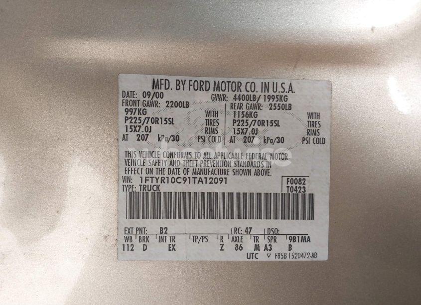 Photo 9 of 2001 Ford Ranger XL/XLT (VIN 1FTYR10C91TA12091)