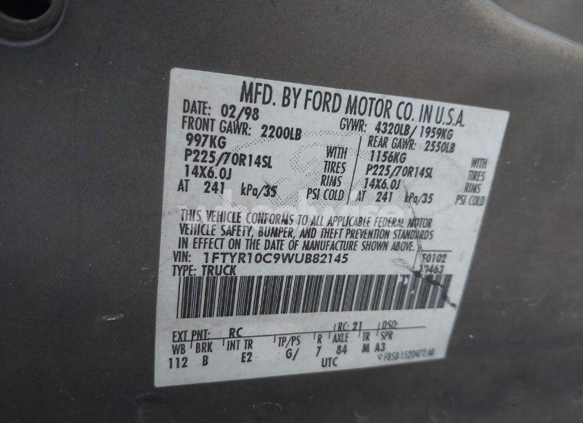 Photo 9 of 1998 Ford Ranger SPLASH/XL/XLT (VIN 1FTYR10C9WUB82145)