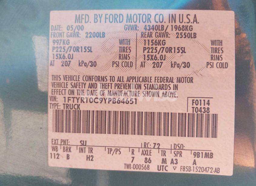 Photo 9 of 2000 Ford Ranger XL/XLT (VIN 1FTYR10C9YPB64651)