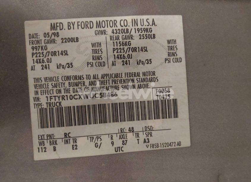 Photo 9 of 1998 Ford Ranger SPLASH/XL/XLT (VIN 1FTYR10CXWUC58486)