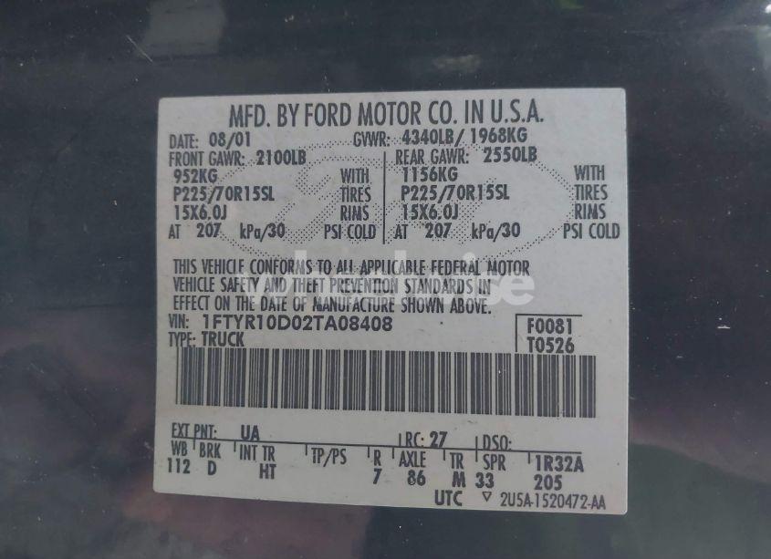 Photo 9 of 2002 Ford Ranger XL/XLT (VIN 1FTYR10D02TA08408)