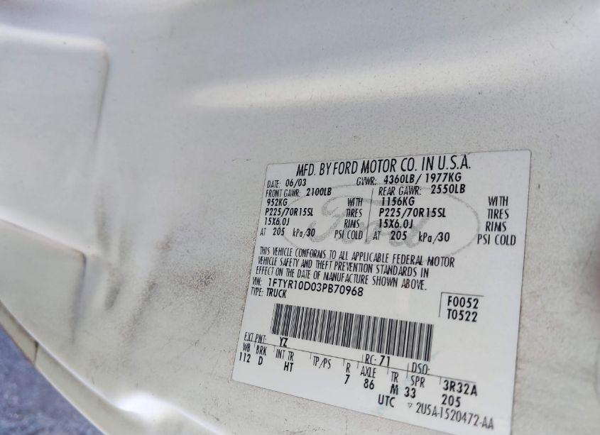 Photo 9 of 2003 Ford Ranger XL/XLT (VIN 1FTYR10D03PB70968)