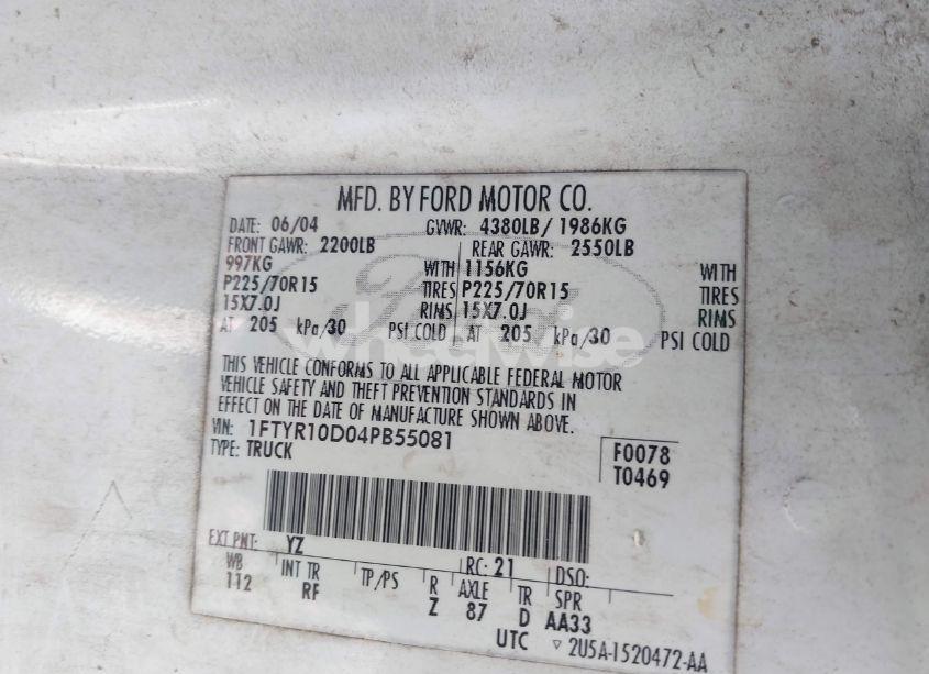 Photo 9 of 2004 Ford Ranger XL/XLT (VIN 1FTYR10D04PB55081)