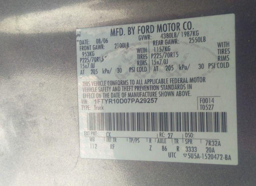 Photo 9 of 2007 Ford Ranger STX/XL/XLT (VIN 1FTYR10D07PA29257)