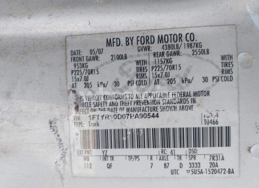 Photo 9 of 2007 Ford Ranger STX/XL/XLT (VIN 1FTYR10D07PA90544)