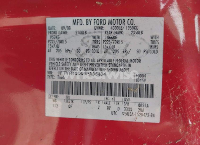 Photo 9 of 2009 Ford Ranger SPORT/XL/XLT (VIN 1FTYR10D09PA06404)