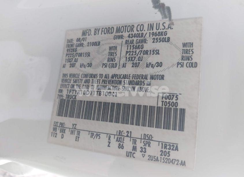 Photo 9 of 2001 Ford Ranger XL/XLT (VIN 1FTYR10D11TB10041)