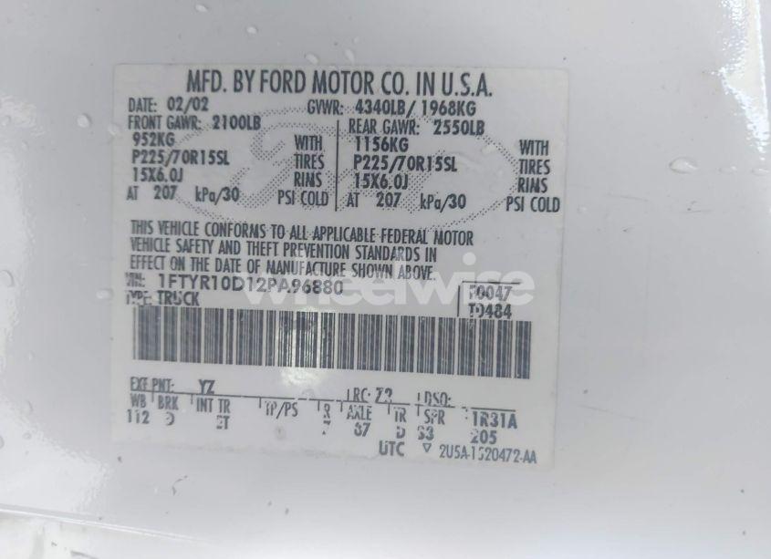 Photo 9 of 2002 Ford Ranger XL/XLT (VIN 1FTYR10D12PA96880)