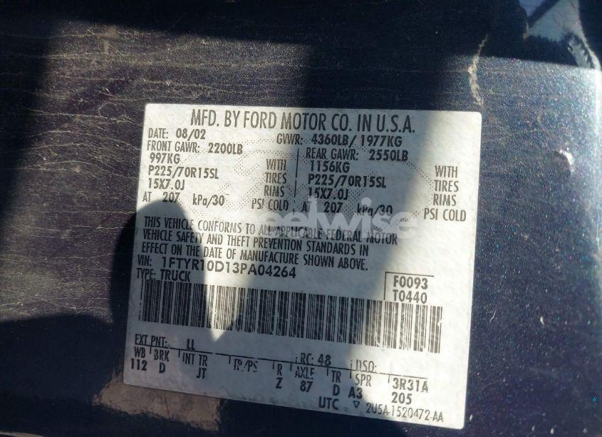 Photo 9 of 2003 Ford Ranger XL/XLT (VIN 1FTYR10D13PA04264)