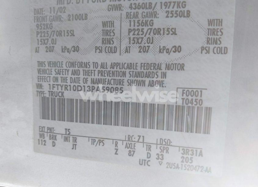 Photo 9 of 2003 Ford Ranger XL/XLT (VIN 1FTYR10D13PA59085)