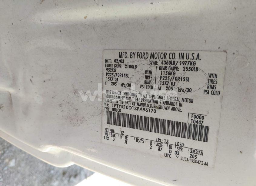 Photo 9 of 2003 Ford Ranger XL/XLT (VIN 1FTYR10D13PA96170)
