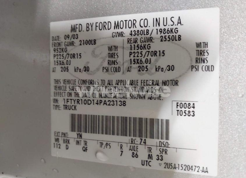 Photo 9 of 2004 Ford Ranger XL/XLT (VIN 1FTYR10D14PA23138)