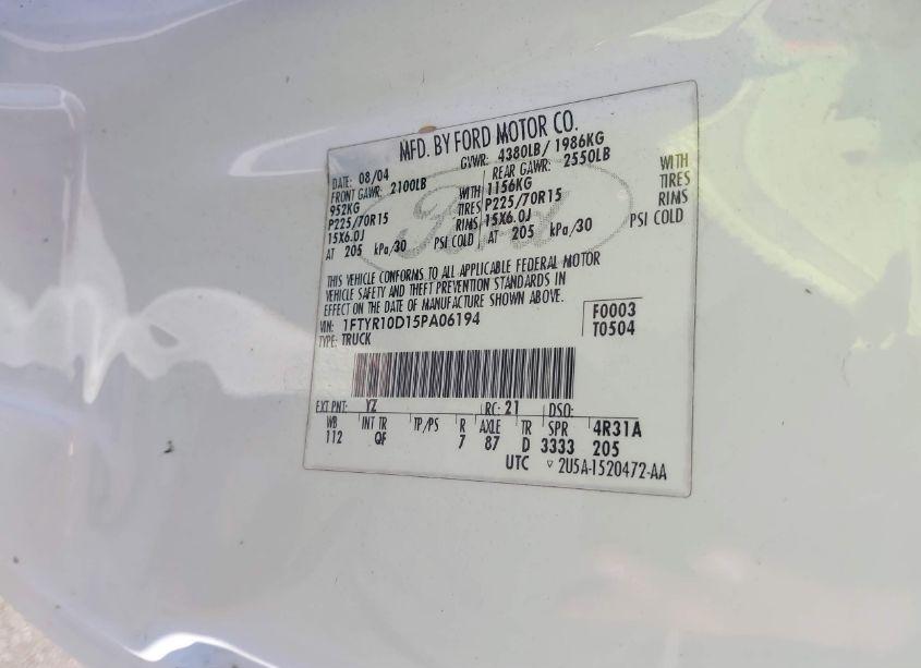 Photo 9 of 2005 Ford Ranger XL/XLS/XLT (VIN 1FTYR10D15PA06194)