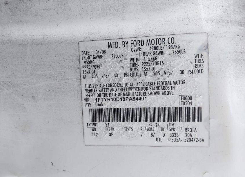 Photo 9 of 2008 Ford Ranger XL/XLT (VIN 1FTYR10D18PA84401)