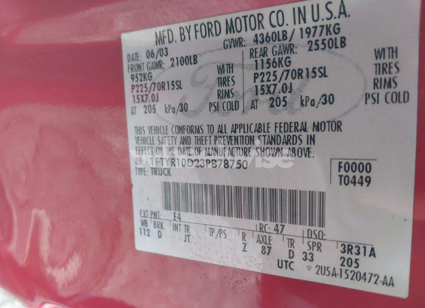 Photo 9 of 2003 Ford Ranger XL/XLT (VIN 1FTYR10D23PB78750)
