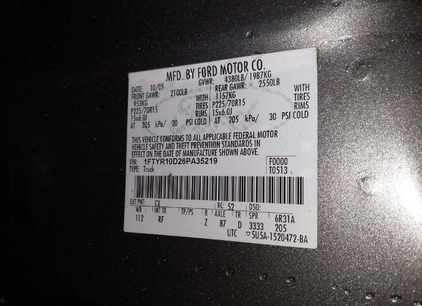 Photo 9 of 2006 Ford Ranger XL/XLT (VIN 1FTYR10D26PA35219)