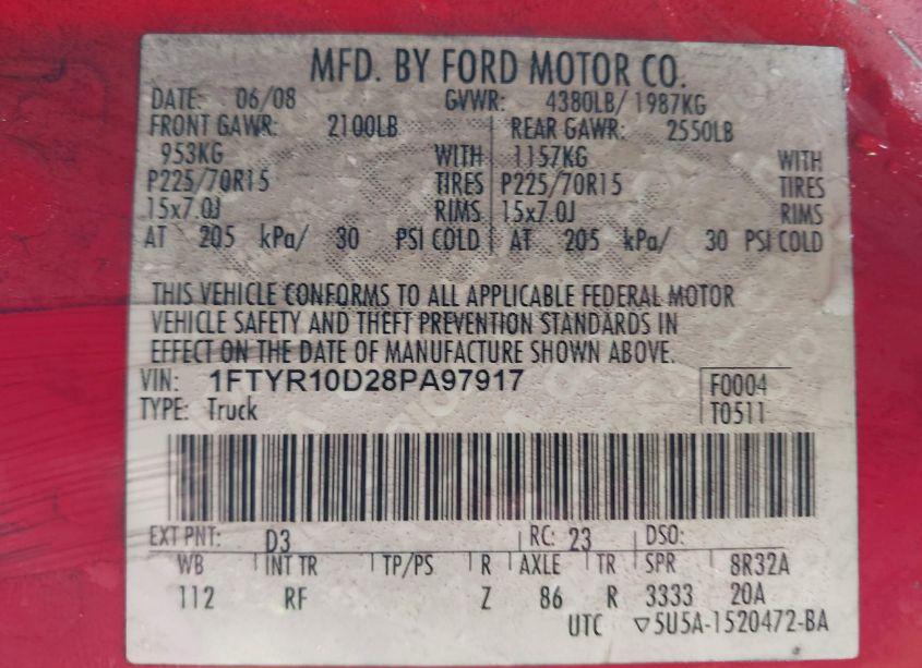 Photo 9 of 2008 Ford Ranger XL/XLT (VIN 1FTYR10D28PA97917)