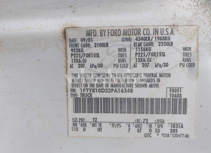 Photo 9 of 2002 Ford Ranger XL/XLT (VIN 1FTYR10D32PA16348)