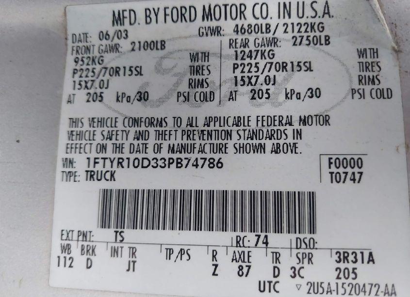 Photo 9 of 2003 Ford Ranger XL/XLT (VIN 1FTYR10D33PB74786)