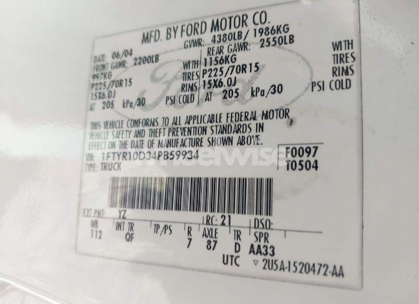 Photo 9 of 2004 Ford Ranger XL/XLT (VIN 1FTYR10D34PB59934)