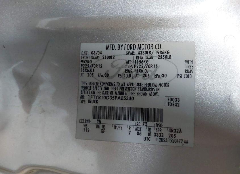 Photo 9 of 2005 Ford Ranger XL/XLS/XLT (VIN 1FTYR10D35PA05340)