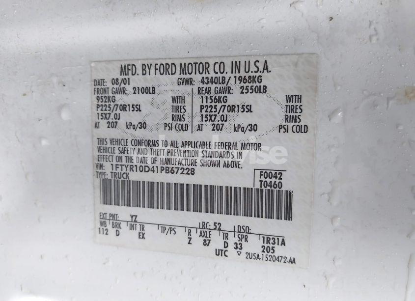 Photo 9 of 2001 Ford Ranger XL/XLT (VIN 1FTYR10D41PB67228)