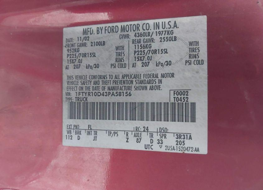 Photo 9 of 2003 Ford Ranger XL/XLT (VIN 1FTYR10D43PA58156)