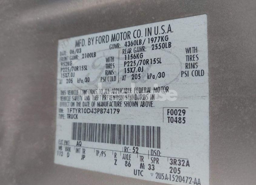 Photo 9 of 2003 Ford Ranger XL/XLT (VIN 1FTYR10D43PB74179)