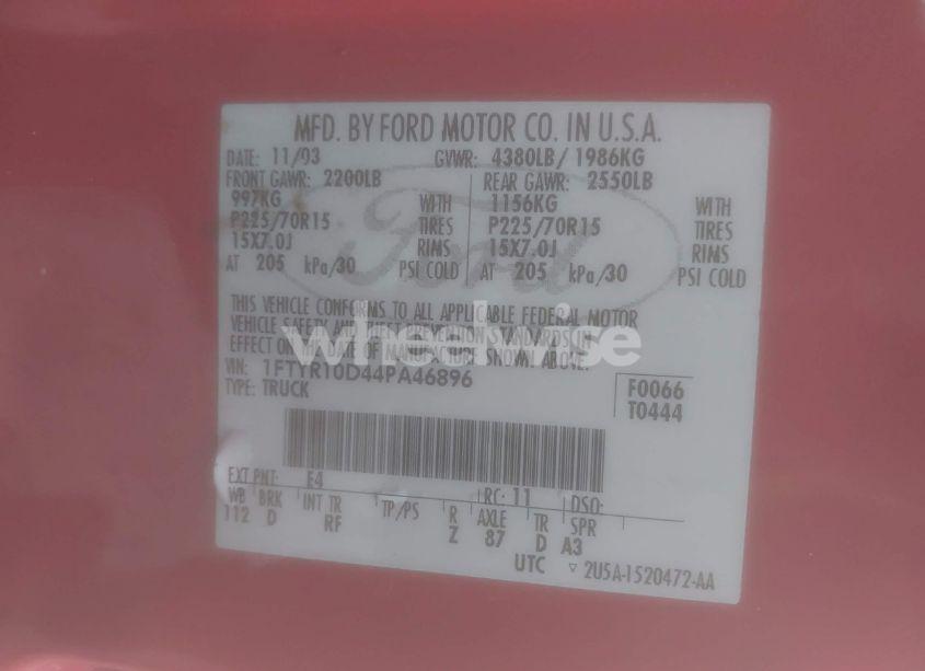 Photo 9 of 2004 Ford Ranger XL/XLT (VIN 1FTYR10D44PA46896)