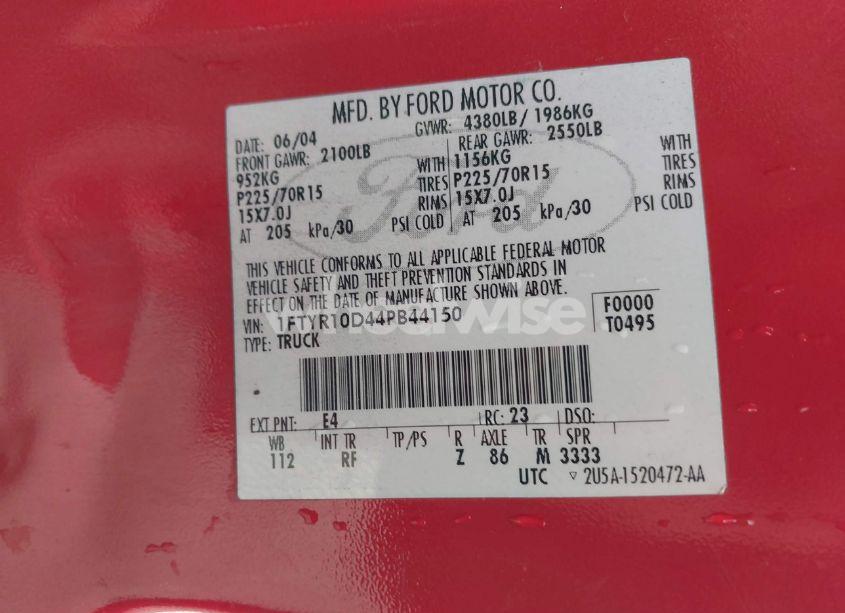 Photo 9 of 2004 Ford Ranger XL/XLT (VIN 1FTYR10D44PB44150)