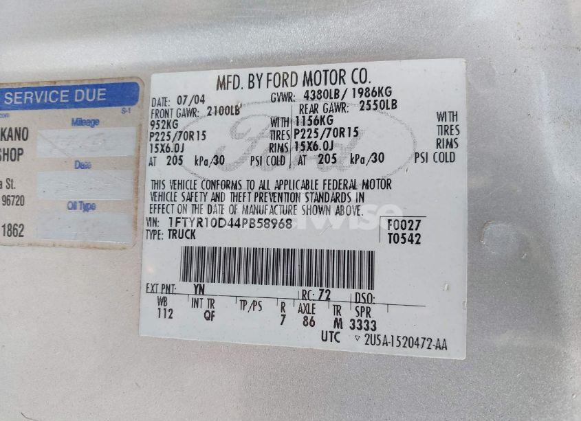 Photo 9 of 2004 Ford Ranger XL/XLT (VIN 1FTYR10D44PB58968)