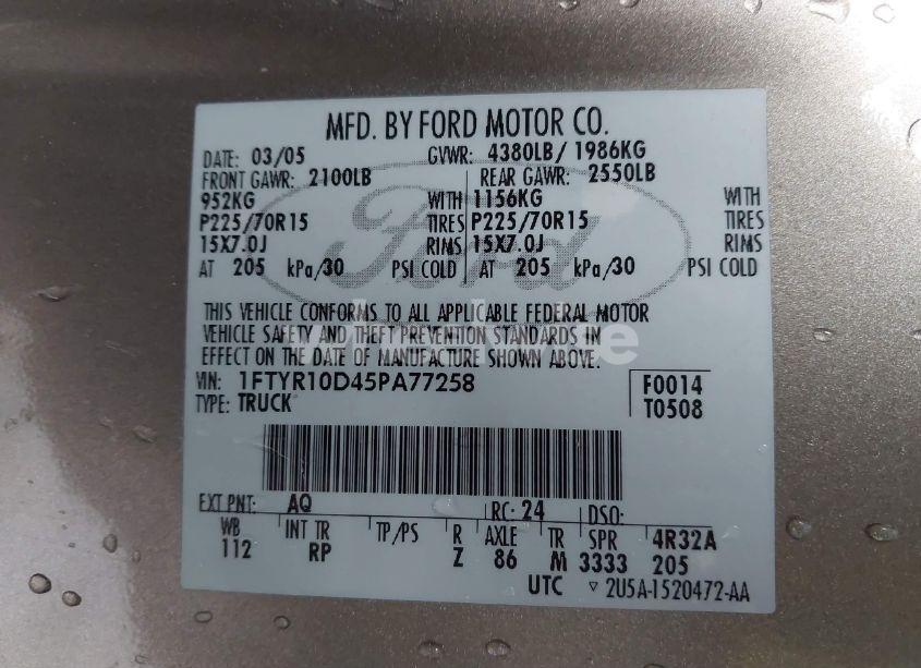 Photo 9 of 2005 Ford Ranger XL/XLS/XLT (VIN 1FTYR10D45PA77258)