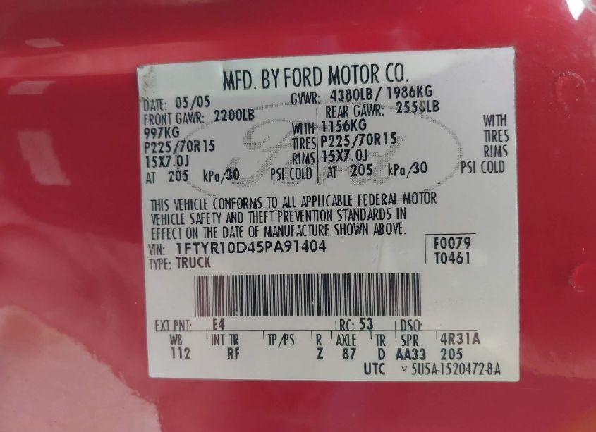 Photo 9 of 2005 Ford Ranger XL/XLS/XLT (VIN 1FTYR10D45PA91404)
