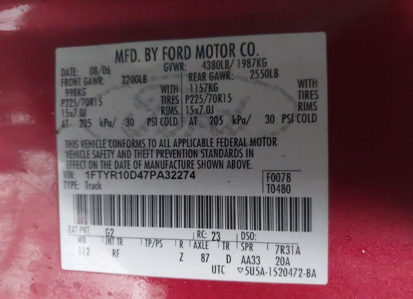 Photo 9 of 2007 Ford Ranger STX/XL/XLT (VIN 1FTYR10D47PA32274)