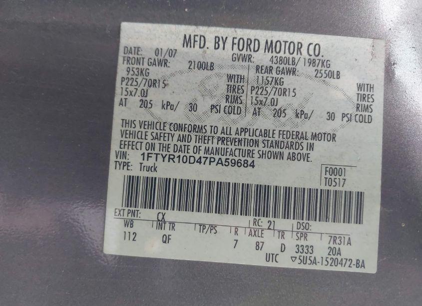 Photo 9 of 2007 Ford Ranger STX/XL/XLT (VIN 1FTYR10D47PA59684)