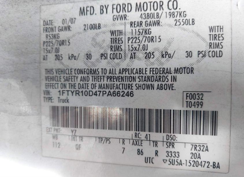 Photo 9 of 2007 Ford Ranger STX/XL/XLT (VIN 1FTYR10D47PA66246)