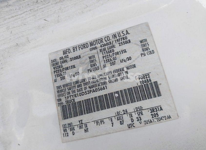 Photo 9 of 2003 Ford Ranger XL/XLT (VIN 1FTYR10D53PA05661)