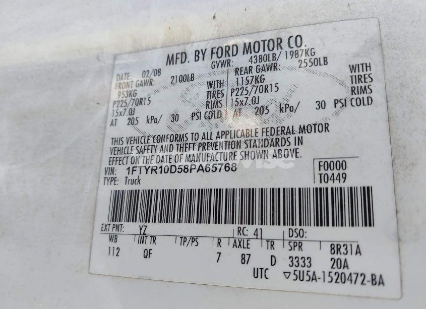 Photo 9 of 2008 Ford Ranger XL/XLT (VIN 1FTYR10D58PA65768)